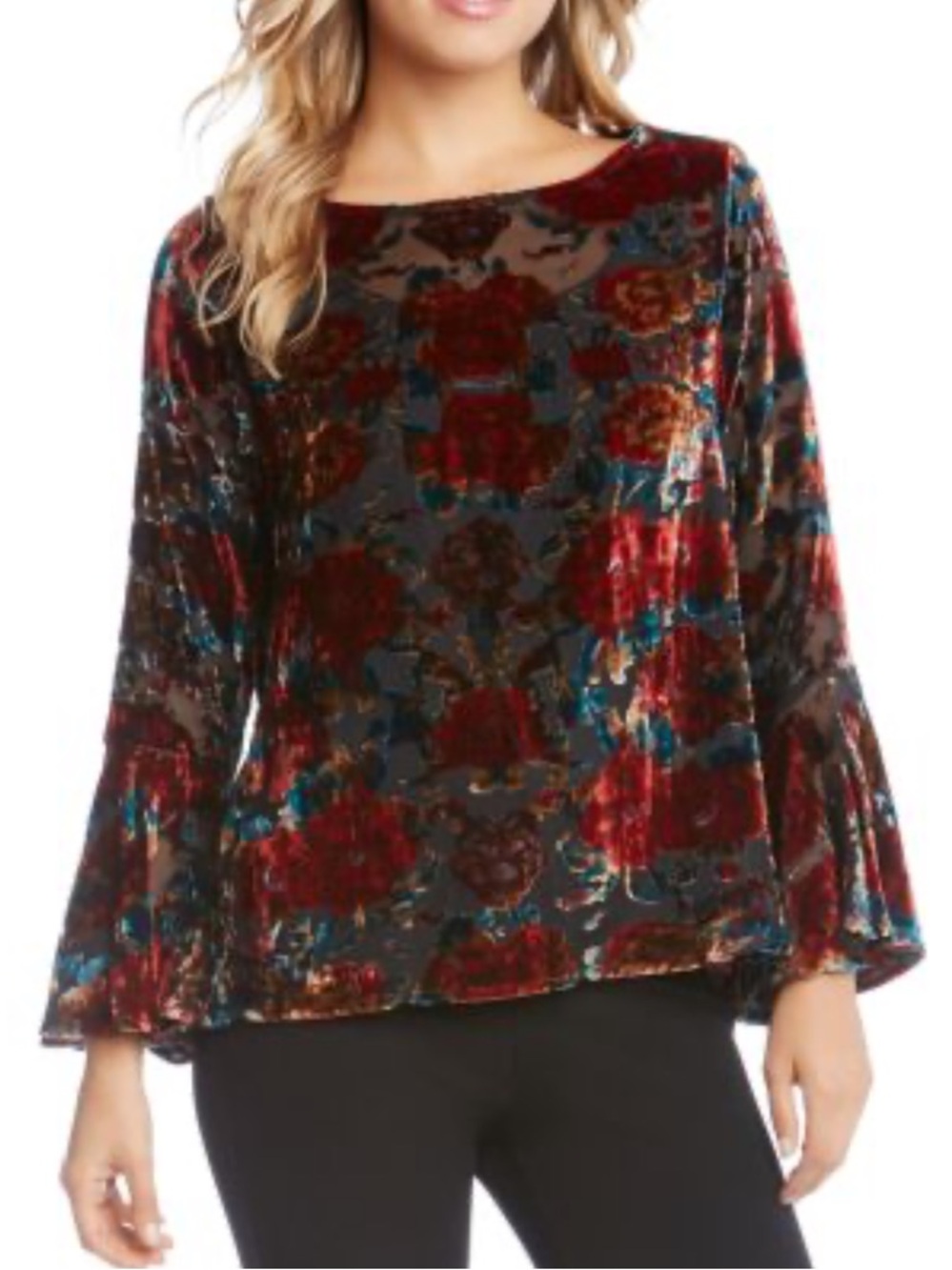 Karen Kane Women’s Red Multi Velvet Burnout Floral Bell Sleeve Top. Large. NWT.